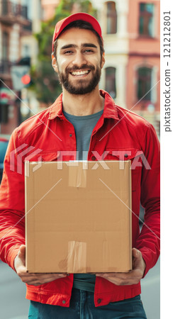 Young European man working as a courier stands outdoors, holding a cardboard box and smiling at the camera, showcasing his friendly demeanor Young European man working as a courier stands outdoors, holding a cardboard box and smiling at the camera, showcasing his friendly demeanor 121212801