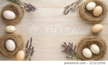 Rustic Easter flat lay showcases colorful eggs, straw nests, and lavender, creating a warm, inviting atmosphere on light wood Rustic Easter flat lay showcases colorful eggs, straw nests, and lavender, creating a warm, inviting atmosphere on light wood 121212830