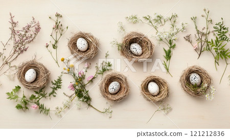 Speckled eggs rest in small straw nests, adorned with delicate flowers and greenery, creating a cozy spring ambiance on wood 121212836