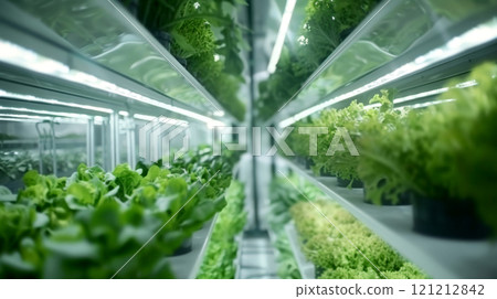 Indoor hydroponic system with thriving lettuce varieties arranged vertically on shelves for efficient growth 121212842