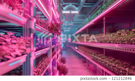 This collage showcases a lively vertical farm illuminated by vibrant neon lights and lush plants 121212846