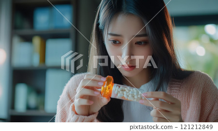 A young Asian woman carefully studies a bottle of capsules, considering dietary supplements for skin and hair health in her home setting A young Asian woman carefully studies a bottle of capsules, considering dietary supplements for skin and hair health in her home setting 121212849