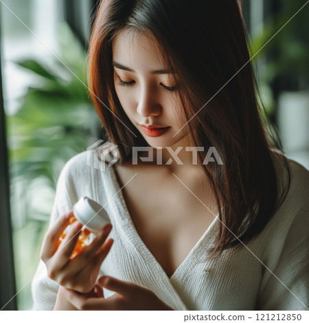 A sick young Asian woman holds a medication bottle while pouring capsules into her hand to take vitamins for health at home A sick young Asian woman holds a medication bottle while pouring capsules into her hand to take vitamins for health at home 121212850