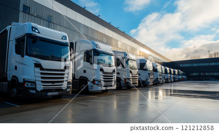A row of trucks is parked neatly in front of a modern warehouse, ready for cargo transport at a commercial factory 121212858