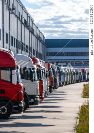 Multiple trucks are parked neatly in front of a contemporary warehouse, ready for cargo loading and transport operations 121212863