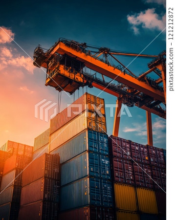 A crane raises cargo containers at the port as the sun sets, highlighting the logistics of import and export activities in shipping 121212872
