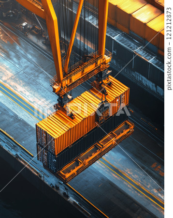 A large crane operates at a port, lifting cargo containers for loading onto a freight ship during a bustling import and export process 121212873