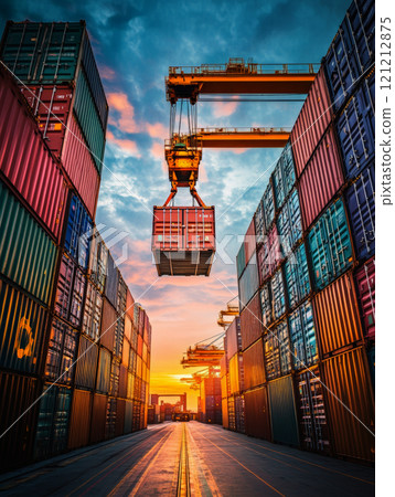 Crane loading cargo containers onto a freight ship at the port as the sun sets, creating a colorful and dynamic industrial environment 121212875