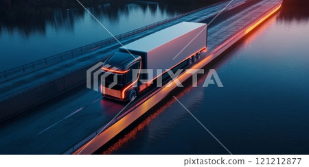 An autonomous truck equipped with artificial intelligence drives over a brightly lit bridge, transporting cargo smoothly along the river at night 121212877