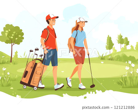 A couple walks hand in hand on the lush grass of a golf course, sharing joy and conversation with golf equipment nearby 121212886