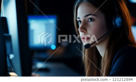 Dispatcher focuses on laptop screen while providing technical support in a busy call center environment Dispatcher focuses on laptop screen while providing technical support in a busy call center environment 121212894