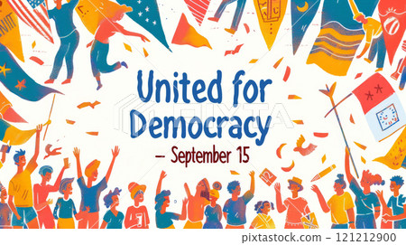 People of all ages and backgrounds gather joyfully at the rally, holding banners and flags to celebrate democracy together on September 15 121212900