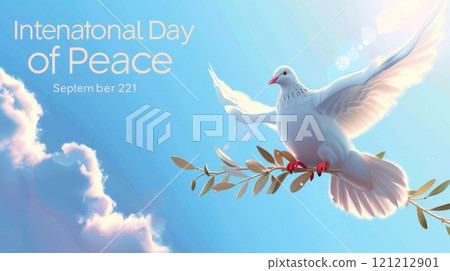 A peaceful dove soars with an olive branch against a clear blue sky, promoting the International Day of Peace celebrated on September 21 A peaceful dove soars with an olive branch against a clear blue sky, promoting the International Day of Peace celebrated on September 21 121212901