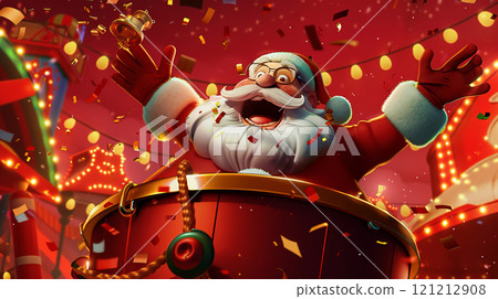 Cartoon Santa Claus is shot out of a cannon in a circus, wearing a surprised expression amid a shower of colorful confetti and lights Cartoon Santa Claus is shot out of a cannon in a circus, wearing a surprised expression amid a shower of colorful confetti and lights 121212908