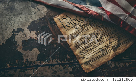 Close-up of the U.S. Constitution with the American flag, celebrating Constitution Day and the spirit of democracy and unity Close-up of the U.S. Constitution with the American flag, celebrating Constitution Day and the spirit of democracy and unity 121212909