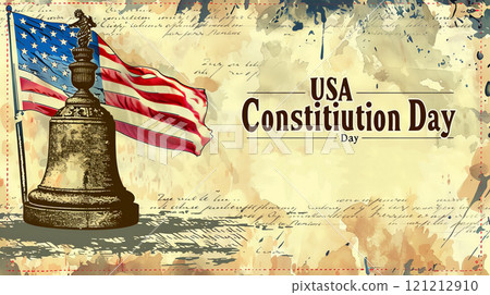 Liberty Bell stands proudly beside the American flag, commemorating USA Constitution Day and honoring the nation's rich heritage Liberty Bell stands proudly beside the American flag, commemorating USA Constitution Day and honoring the nation's rich heritage 121212910