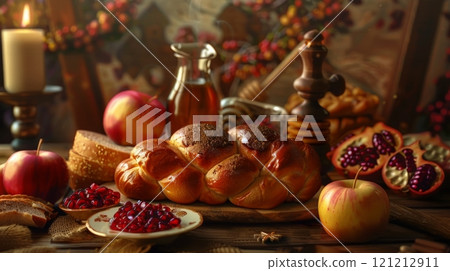 Traditional Rosh Hashanah foods including honey, pomegranates, round challah bread, and apples beautifully arranged in a cozy setting 121212911