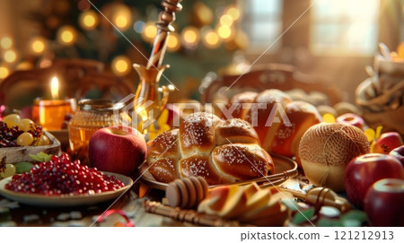 A festive array of honey, apples, pomegranates, round challah, and a shofar creates a warm atmosphere for Rosh Hashanah celebration 121212913