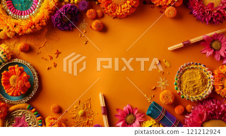 Decorative Navaratri banner showcases dandiya sticks, rangoli patterns, and marigold flowers against a vibrant orange and yellow background 121212924