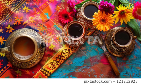Experience the beauty of an Ethiopian coffee ceremony with decorated cups, a jebena pot, and colorful flowers set against artistic patterns 121212925