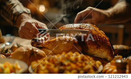Hands carefully carve a perfectly cooked Thanksgiving turkey, steam rising as family members eagerly await the delicious meal Hands carefully carve a perfectly cooked Thanksgiving turkey, steam rising as family members eagerly await the delicious meal 121212943