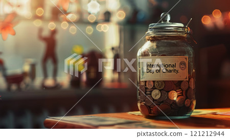 Close-up of a donation jar filled with bills and coins, symbolizing generosity and collective efforts on International Day of Charity Close-up of a donation jar filled with bills and coins, symbolizing generosity and collective efforts on International Day of Charity 121212944