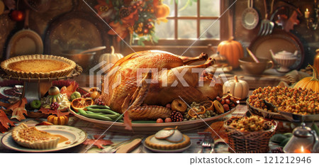 This vibrant still life showcases a beautifully roasted turkey at the center, surrounded by traditional side dishes and autumn decorations 121212946