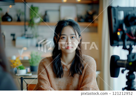 Influencer engages with viewers, discussing and sharing thoughts on the latest product in a comfortable home environment 121212952