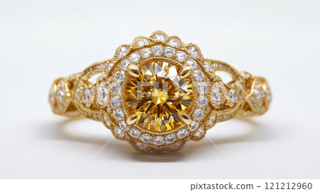 An exquisite gold ring featuring a stunning yellow diamond at its center An exquisite gold ring featuring a stunning yellow diamond at its center 121212960