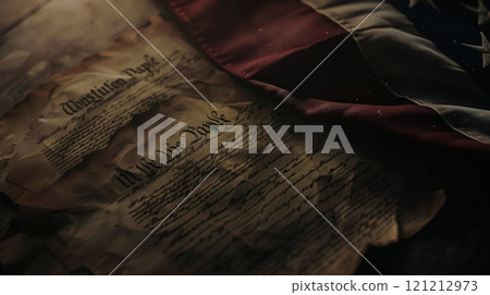 Close-up of the U.S. Constitution and American flag highlights the significance of Constitution Day, evoking pride and history 121212973