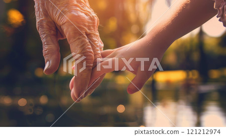 A grandparent's hand holds a grandchild's hand in a peaceful park, symbolizing love and connection on National Grandparents Day 121212974