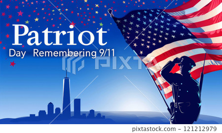 Banner commemorating Patriot Day with the American flag, Twin Towers, and a soldier saluting against a clear blue sky in a respectful tone 121212979