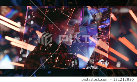 A woman reflects amidst a blend of city lights and colors, showcasing the connection between human experience and urban life 121212980