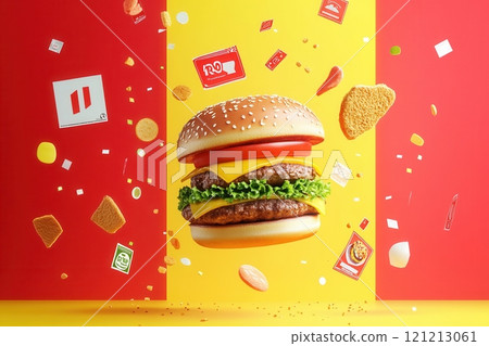 Delicious burger floating with ingredients on red and yellow background 121213061