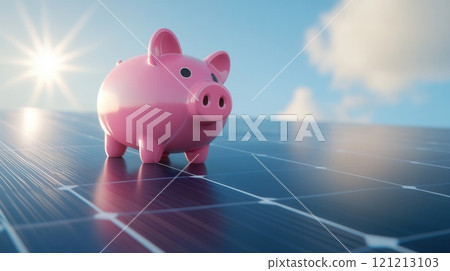 Pink piggy bank standing on solar panel symbolizing savings 121213103