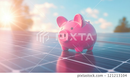 Pink piggy bank sitting on solar panel symbolizing savings 121213104