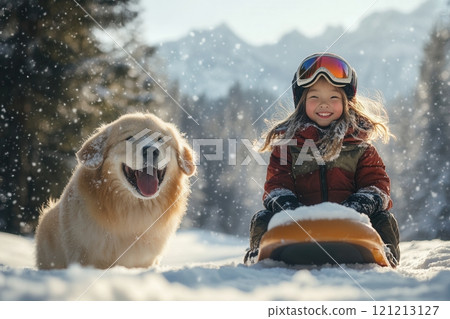Smiling girl and golden retriever enjoying winter wonderland on sled 121213127