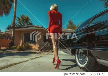 Fashion model walking away from classic car in palm springs 121213146