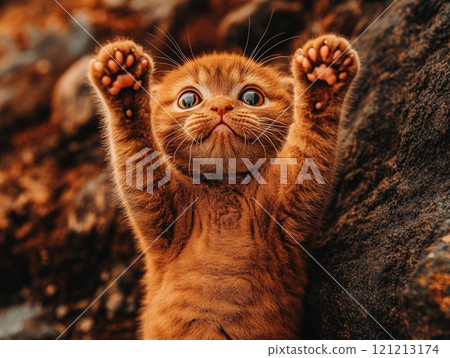 Playful ginger kitten raising paws in joyful celebration 121213174