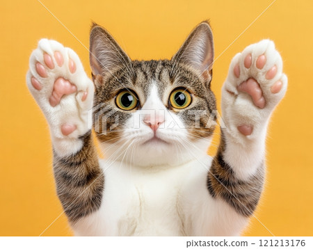 Playful tabby cat raising paws on orange background 121213176
