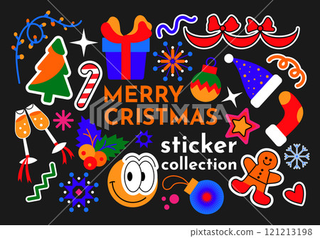 Colorful vector set of New Year stickers and decals for decoration and design. Christmas, new year stickers in cartoon style. Holiday gifts, santa, christmas tree, coziness, retro groovy style. 121213198