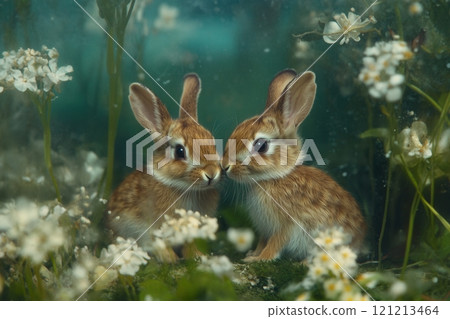 Two adorable baby rabbits nuzzling in a flowery meadow 121213464