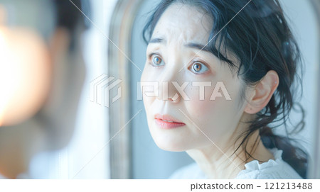 一位中年婦女擔心鏡子中反映的臉部皮膚老化 一位中年婦女擔心鏡子中反映的臉部皮膚老化 121213488