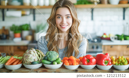 年輕的白人婦女站在廚房裡，手裡有很多新鮮蔬菜 121213512