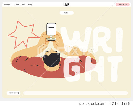 Writing people, modern flat vector concept illustration- sitting man thoughtfully writing on laptop, bubble near head, top view. Metaphor for reflection, insight, contemplation, creative expression 121213536