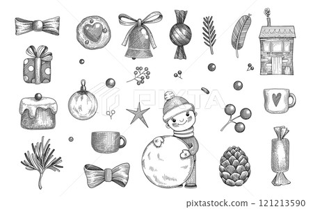 Christmas object set. Hand drawn vector illustration. Xmas collection. Holiday engraved holly, mistletoe, wreath, sock, stocking, gift, fir tree, pine cone, gingerbread man cookie, bell, bow 121213590