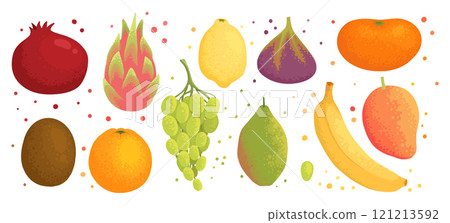 Fruit collection in flat hand drawn style illustrations. Tropical fruit and graphic design elements. Ingredients color cliparts. Sketch style ingredients. Isolated scandinavian cartoon items. Fruit collection in flat hand drawn style illustrations. Tropical fruit and graphic design elements. Ingredients color cliparts. Sketch style ingredients. Isolated scandinavian cartoon items. 121213592