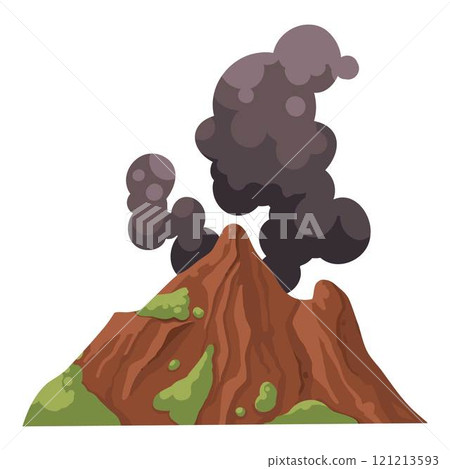 Volcano. Mountain eruption with fire lava explosion with smoke. Volcanic magma flow element for computer game landscape. Volcano vector isolated icon Volcano. Mountain eruption with fire lava explosion with smoke. Volcanic magma flow element for computer game landscape. Volcano vector isolated icon 121213593