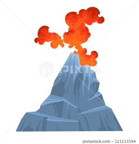Volcano. Mountain eruption with fire lava explosion with smoke. Volcanic magma flow element for computer game landscape. Volcano vector isolated icon Volcano. Mountain eruption with fire lava explosion with smoke. Volcanic magma flow element for computer game landscape. Volcano vector isolated icon 121213594