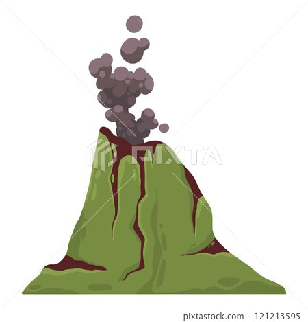 Volcano. Mountain eruption with fire lava explosion with smoke. Volcanic magma flow element for computer game landscape. Volcano vector isolated icon 121213595